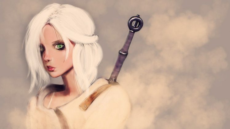Cirilla Fiona Elen Riannon, Women, White hair, Green eyes, The Witcher, Ciri, Sword, Artwork, Video games HD Wallpaper Desktop Background