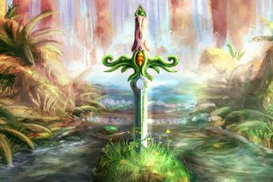 video games, Plants, Sword, Mountains, Water, River, Grass, Painting, Secret of Mana