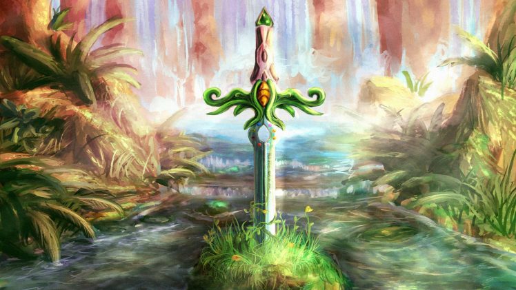video games, Plants, Sword, Mountains, Water, River, Grass, Painting, Secret of Mana HD Wallpaper Desktop Background