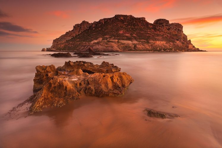 sea, Mist, Island, Rock, Sunrise, Spain HD Wallpaper Desktop Background