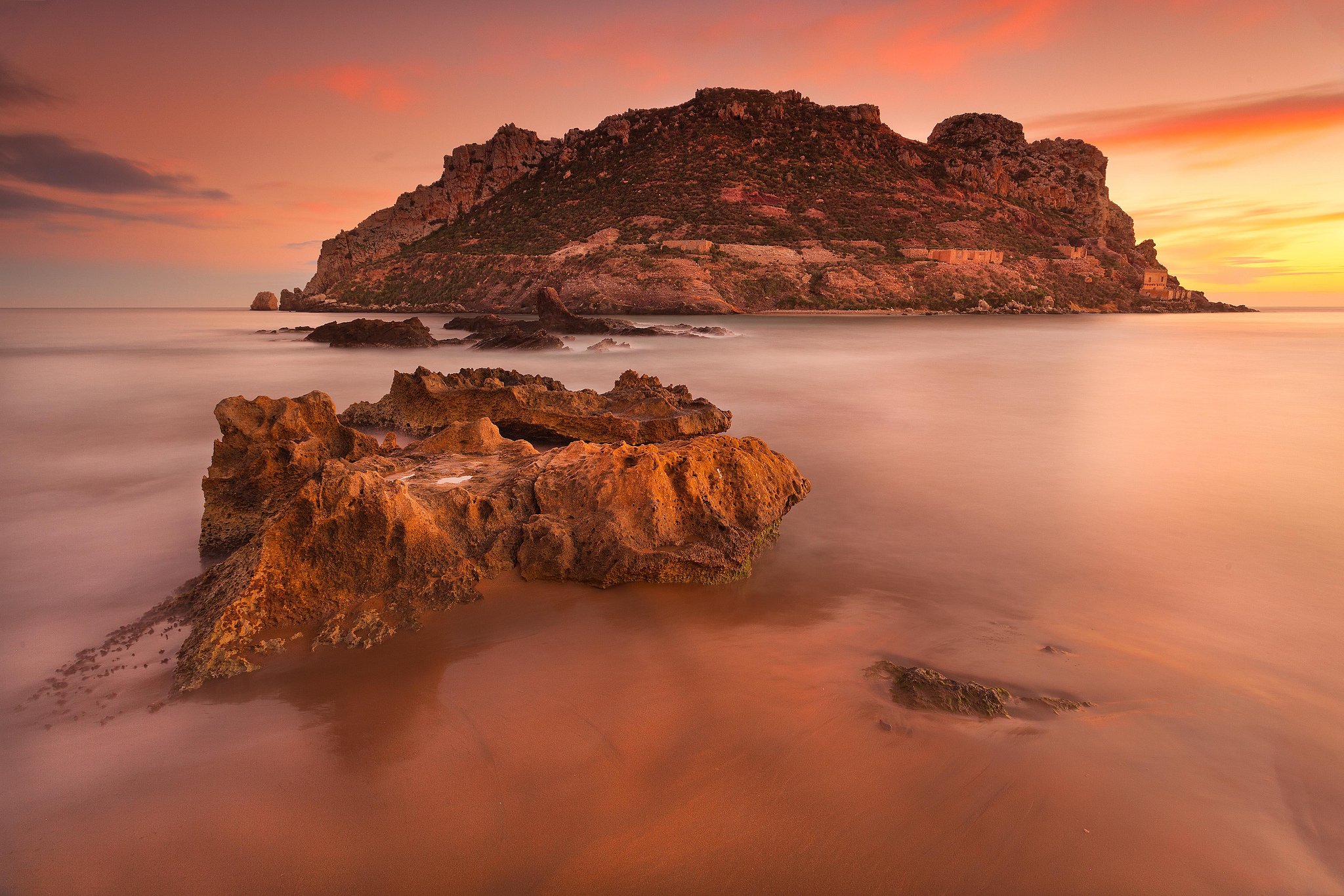 sea, Mist, Island, Rock, Sunrise, Spain Wallpaper