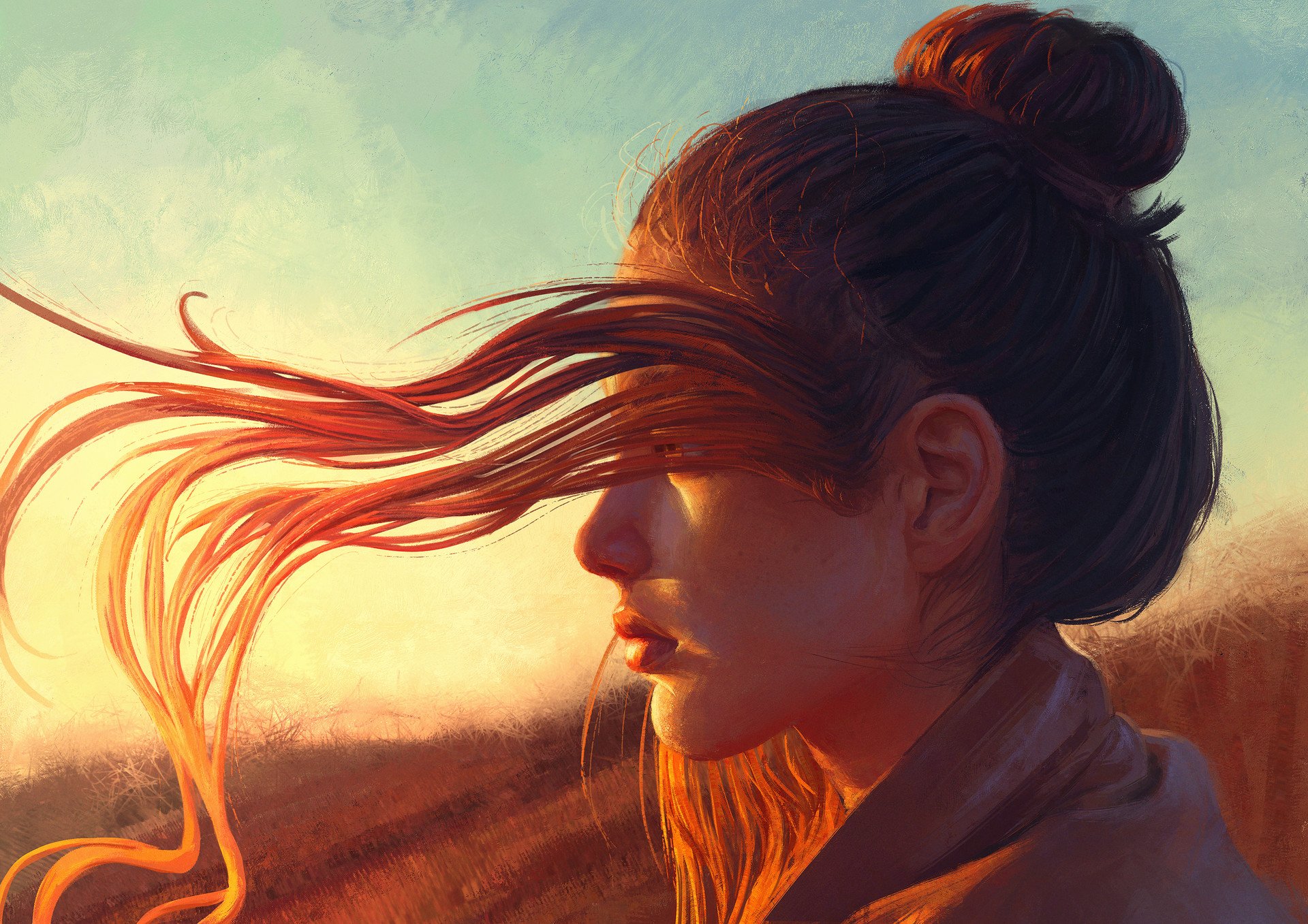 long hair, Redhead, Artwork, Sunset, Drawing Wallpaper