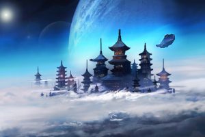 futuristic, Asian architecture, Space, Clouds, Planet