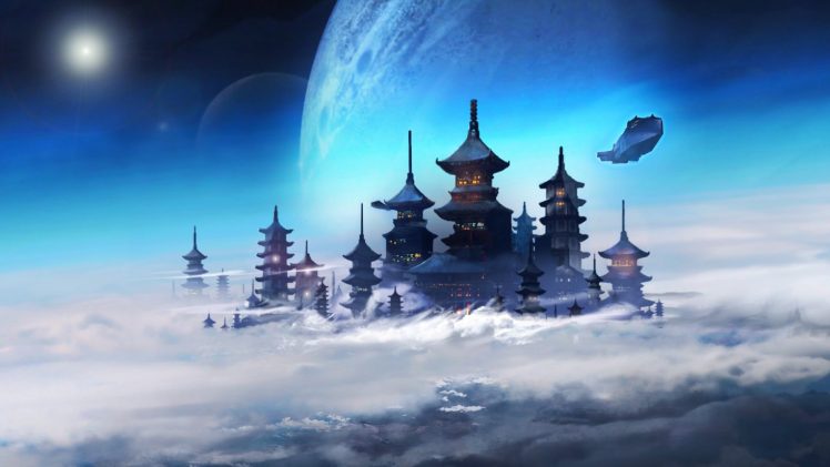 futuristic, Asian architecture, Space, Clouds, Planet HD Wallpaper Desktop Background