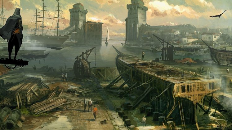 Assassins Creed, Video games, Artwork, Concept art, Sailing ship, Shipyard HD Wallpaper Desktop Background