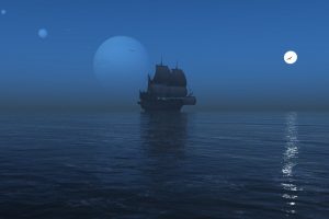 sailing ship, Sea, Reflection, Mist, Moon, Night