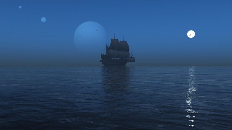 sailing ship, Sea, Reflection, Mist, Moon, Night HD Wallpaper Desktop Background