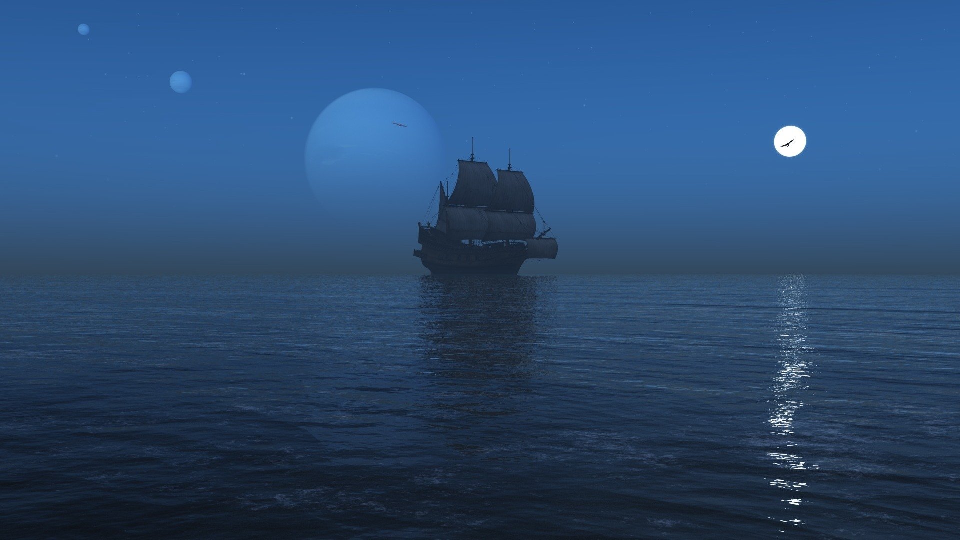 sailing ship, Sea, Reflection, Mist, Moon, Night Wallpaper