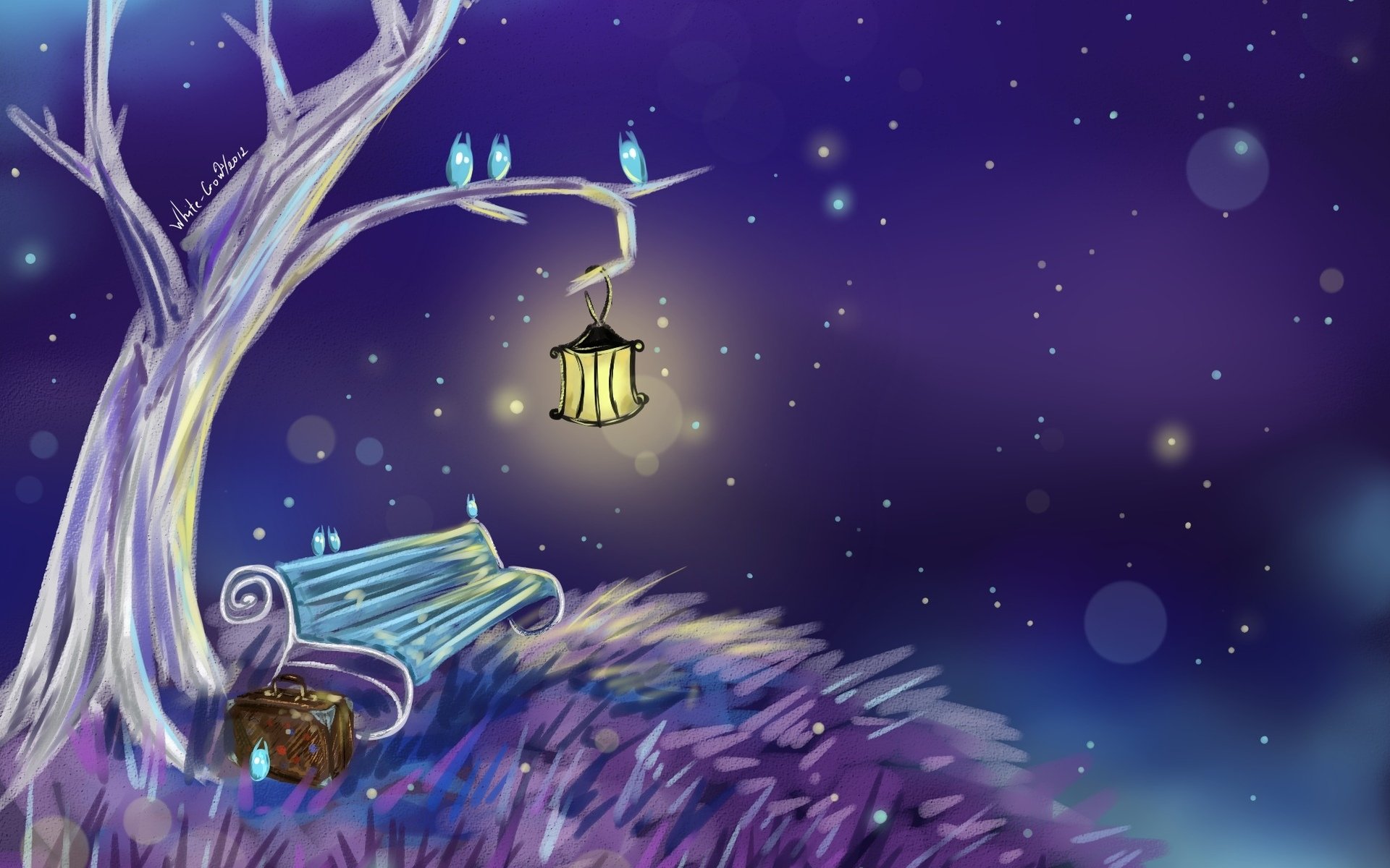 night, Bench, Trees, Lamp, Stars, Owl, Drawing, Digital art, Suitcase Wallpaper