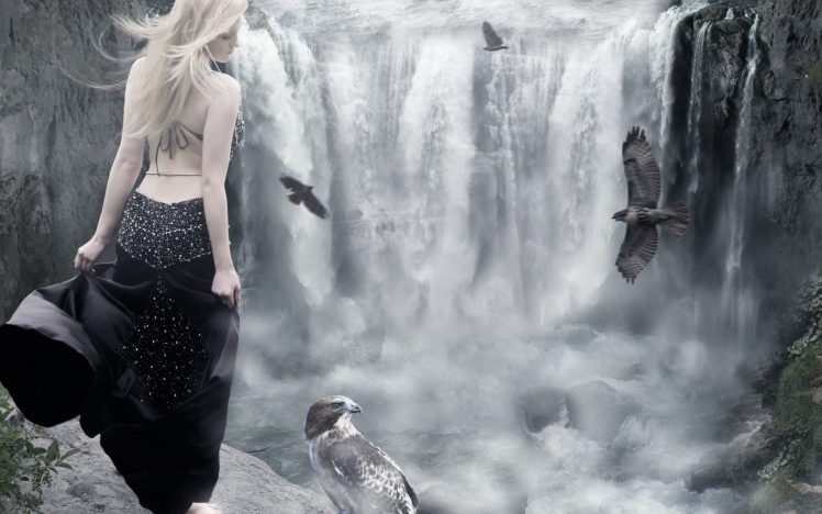 women, Blonde, Waterfall, Birds, Outdoors, Monochrome, Painting HD Wallpaper Desktop Background
