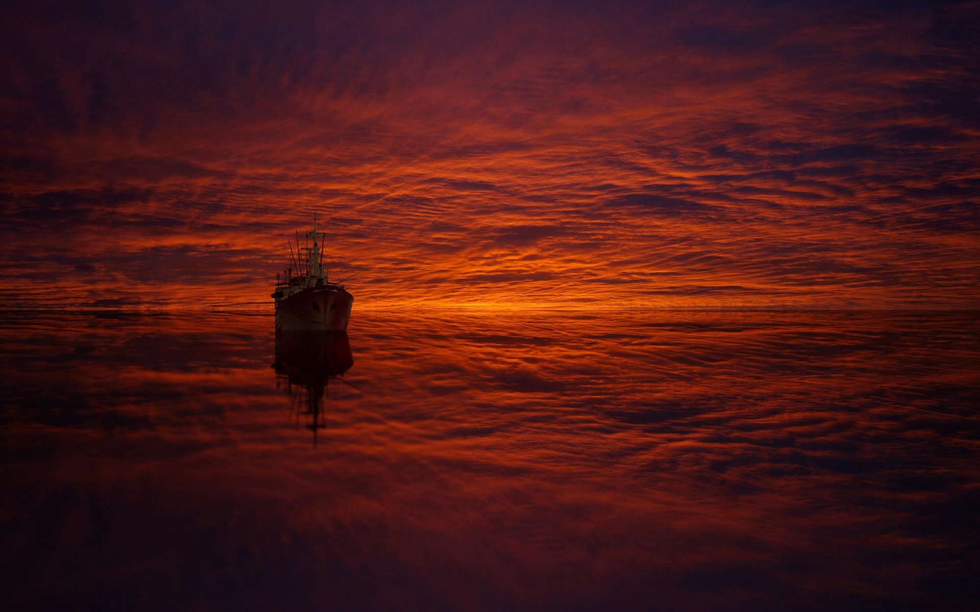 ship, Sea, Sunset, Retouching, Digital art Wallpaper