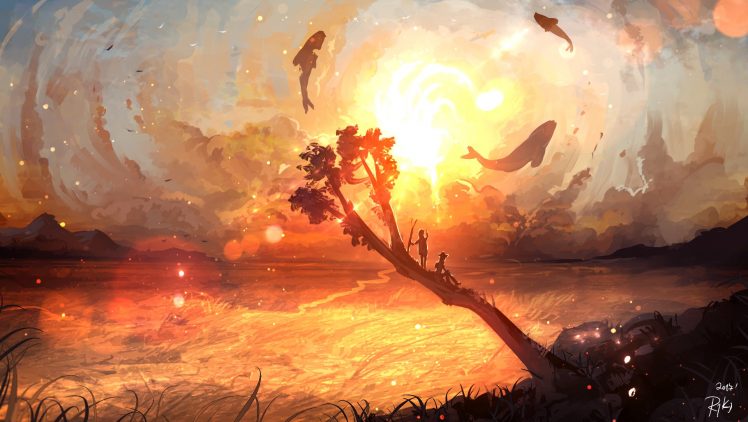 fantasy art, Whale, Sunset, Trees HD Wallpaper Desktop Background