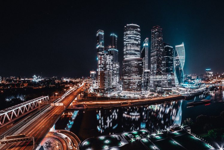 cityscape, Skyline, Skyscraper, Night, City lights, Moscow HD Wallpaper Desktop Background