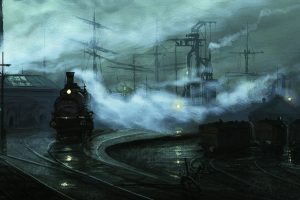 train, Painting, Mist, Railway