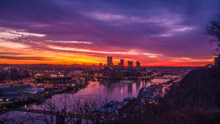 cityscape, Sunset, Pittsburgh HD Wallpaper Desktop Background