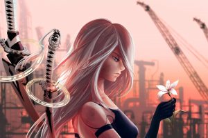 A2 (Nier: Automata), Digital art, Fan art, Video games, Nier: Automata, Gloves, NieR, Industrial city, Human android, Katana, Weapon, Fantasy weapon, Sadness, White flowers, Red sky