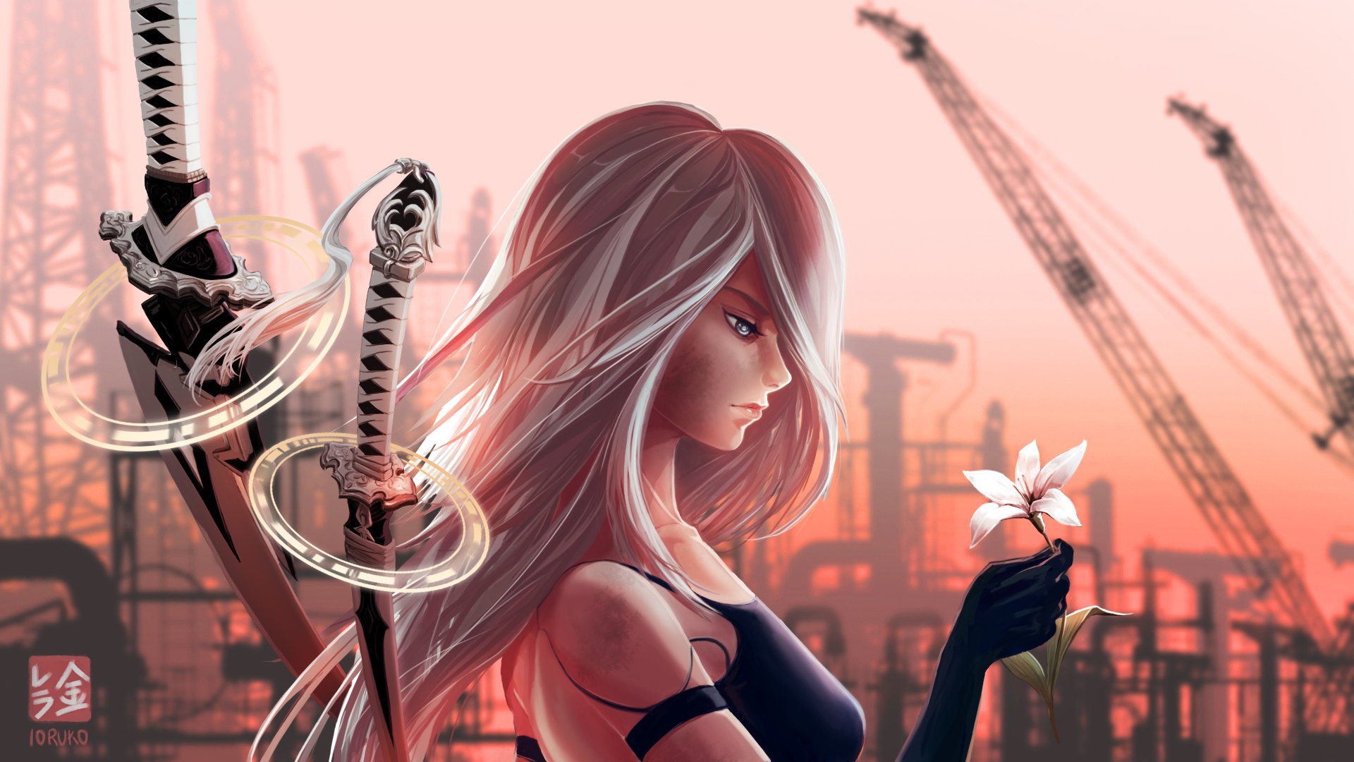 A2 (Nier: Automata), Digital art, Fan art, Video games, Nier: Automata, Gloves, NieR, Industrial city, Human android, Katana, Weapon, Fantasy weapon, Sadness, White flowers, Red sky Wallpaper