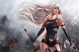 white hair, Blue eyes, Standing, Looking up, Long hair, A2 (Nier: Automata), Video games, Fan art, Sword, Nier: Automata, Gloves, NieR, Sparks, Sun rays, Human android, Weapon, Fantasy weapon, Dust, Smoke, Wind, Mole