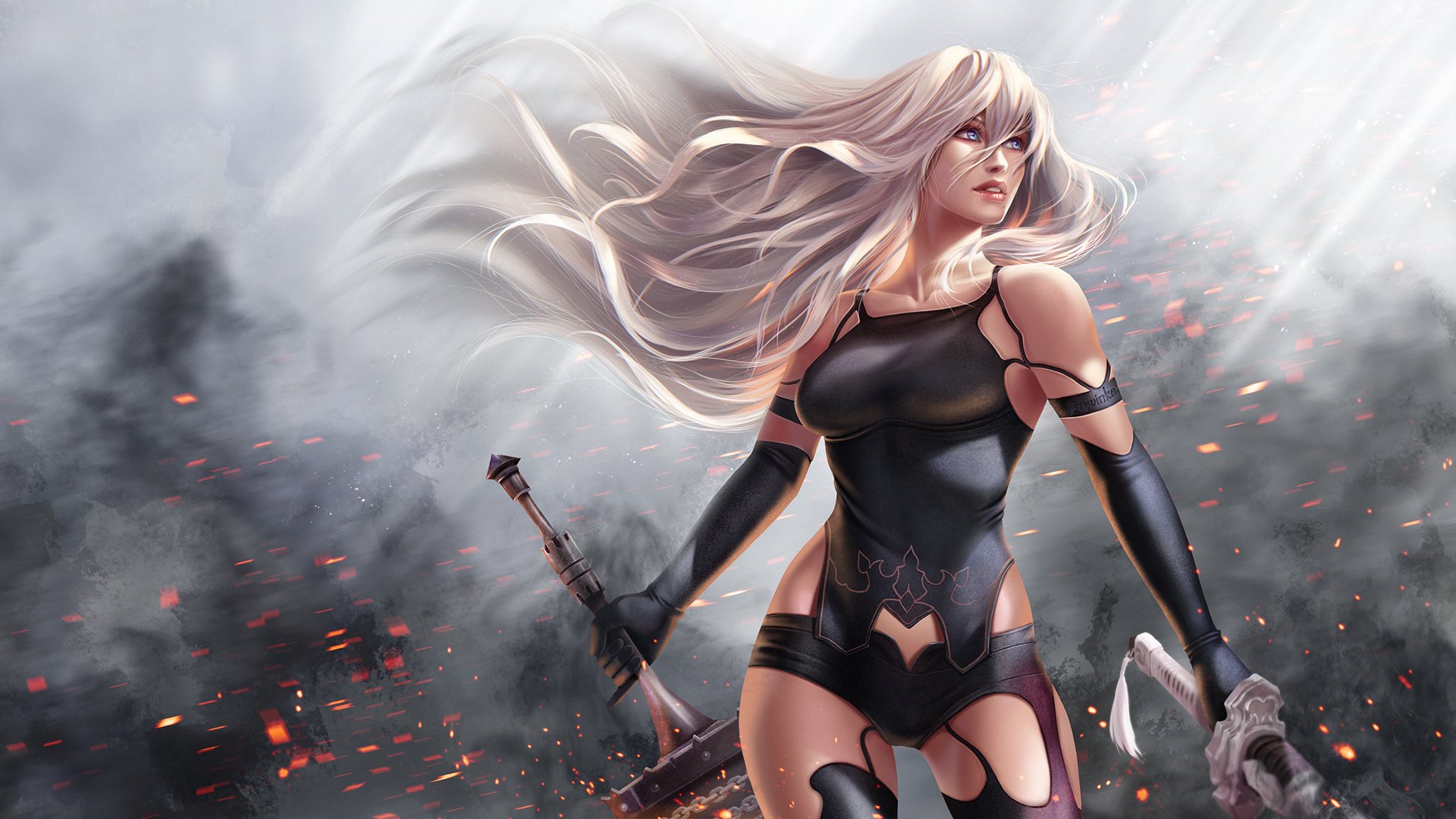 white hair, Blue eyes, Standing, Looking up, Long hair, A2 (Nier: Automata), Video games, Fan art, Sword, Nier: Automata, Gloves, NieR, Sparks, Sun rays, Human android, Weapon, Fantasy weapon, Dust, Smoke, Wind, Mole Wallpaper