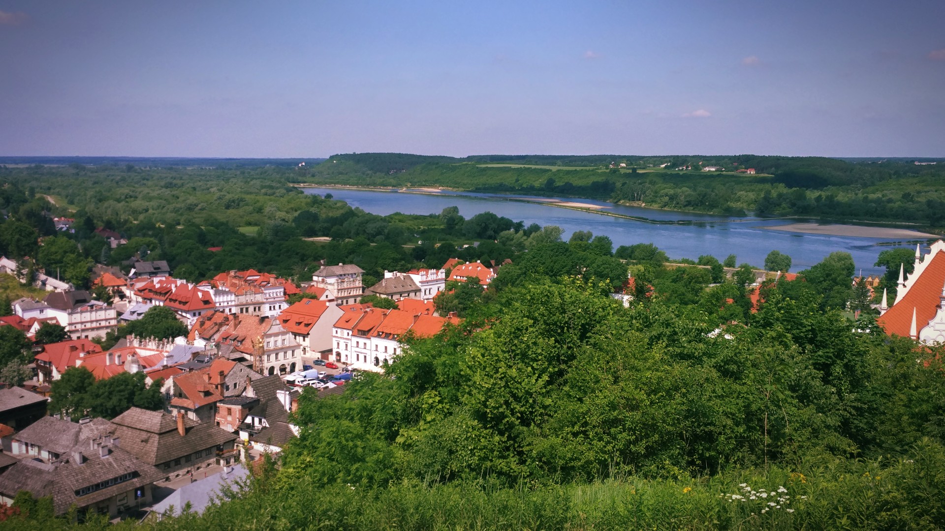 Poland, River, Vistula, Town, Forest, Landscape Wallpaper
