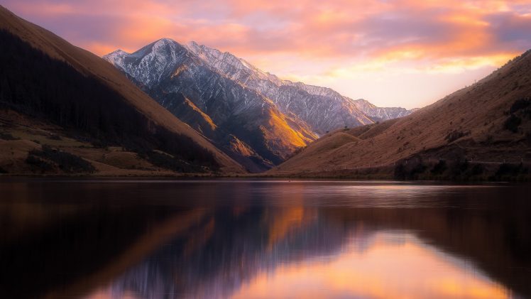 lake Kirkpatrick, New Zealand, Mountains, Lake, Sunset, Nature, Landscape HD Wallpaper Desktop Background