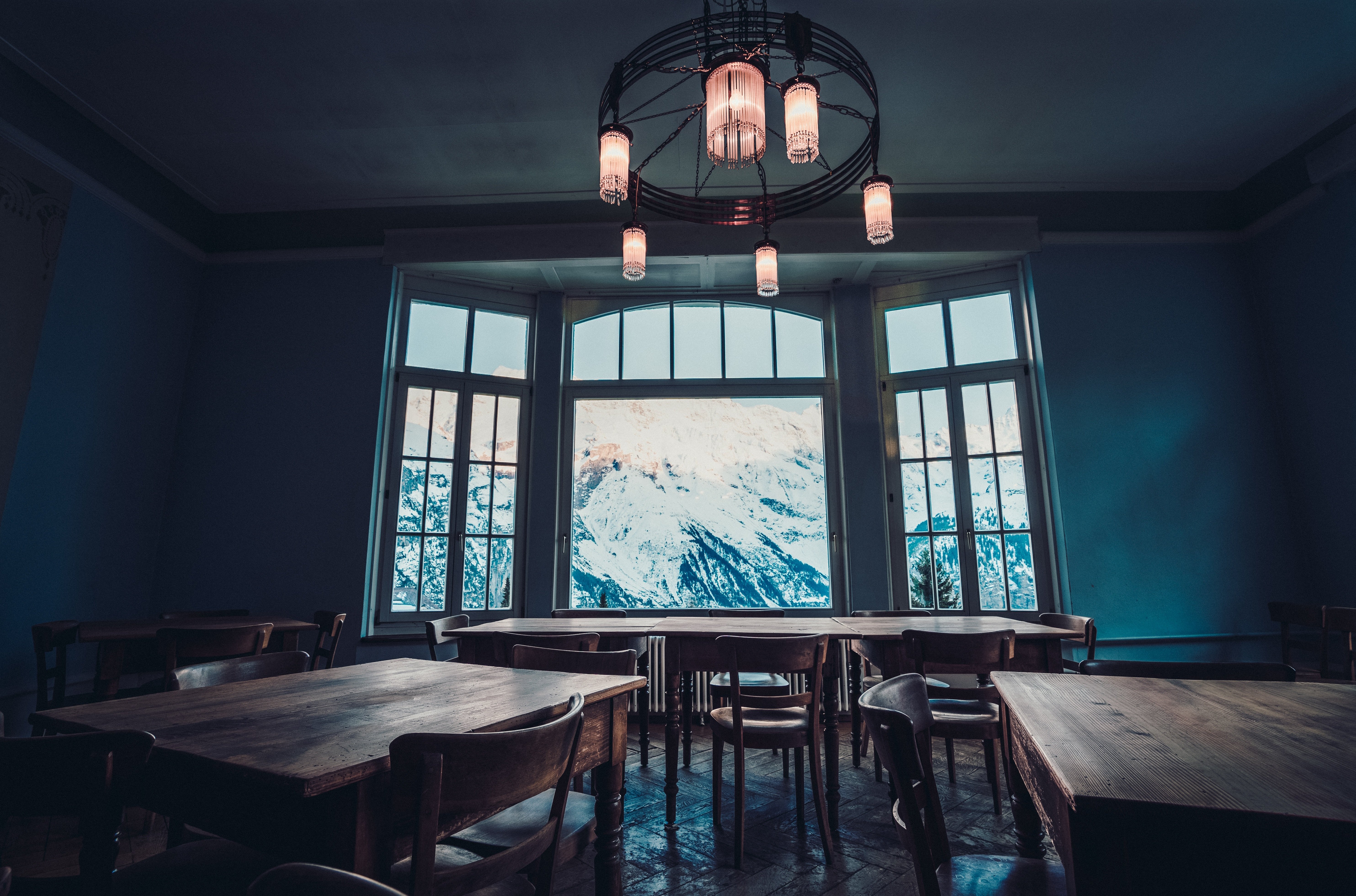 window, Table, Mountains, Snowy peak Wallpaper