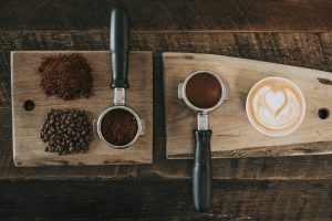 coffee, Coffee beans, Latte, Latte art, Wooden surface, Wood, Texture, Ground coffee beans