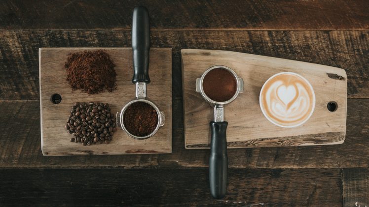 coffee, Coffee beans, Latte, Latte art, Wooden surface, Wood, Texture, Ground coffee beans HD Wallpaper Desktop Background