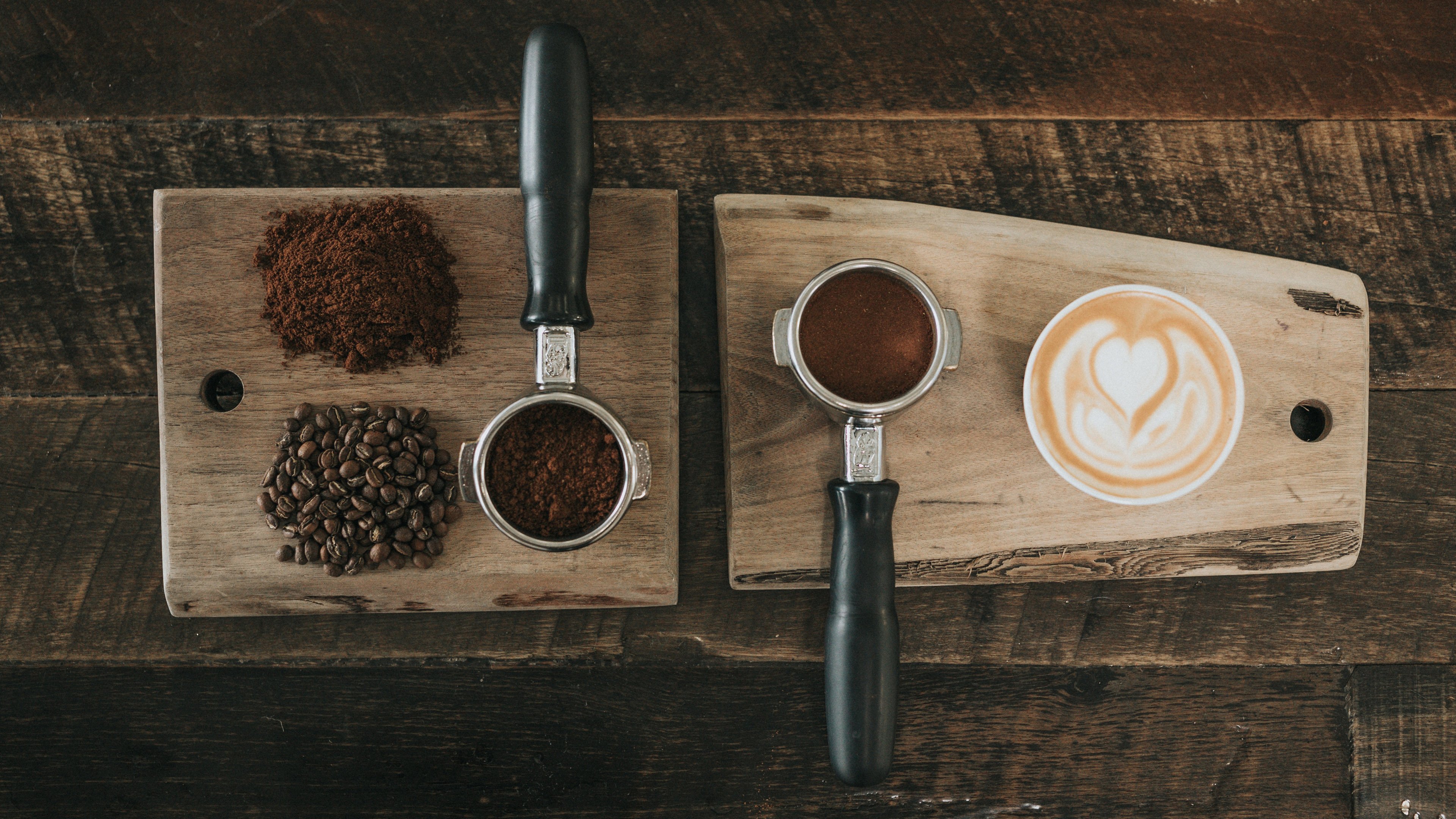 coffee, Coffee beans, Latte, Latte art, Wooden surface, Wood, Texture
