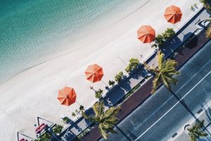 beach, Beach umbrella, Road, Palm trees, Aerial view, Waves