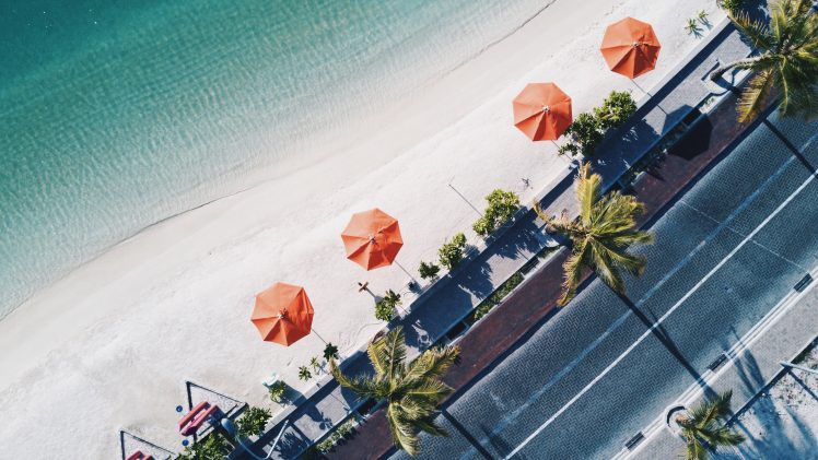beach, Beach umbrella, Road, Palm trees, Aerial view, Waves HD Wallpaper Desktop Background