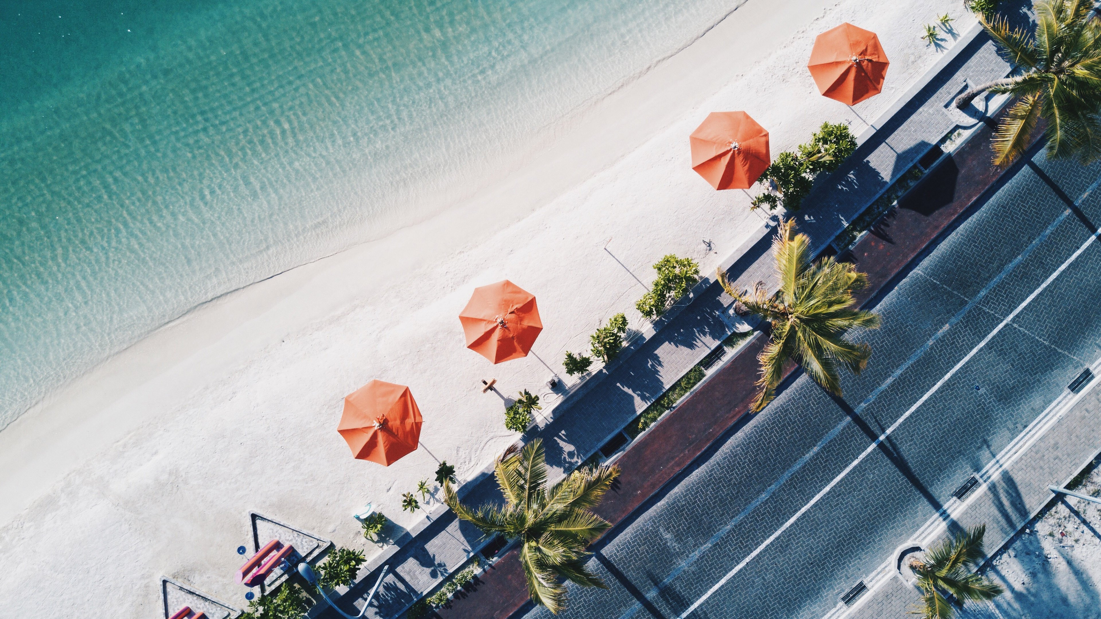 beach, Beach umbrella, Road, Palm trees, Aerial view, Waves Wallpaper