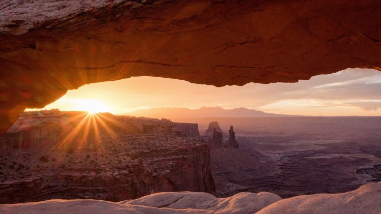 arch, Sunset, Sunrise, Landscape, Desert, Lens flare HD Wallpaper Desktop Background