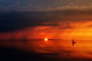 landscape, Sunset, Water, Sea, Sailing ship
