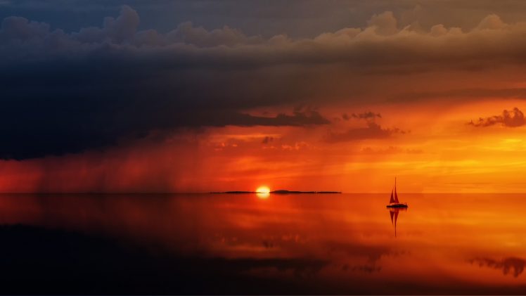 landscape, Sunset, Water, Sea, Sailing ship HD Wallpaper Desktop Background