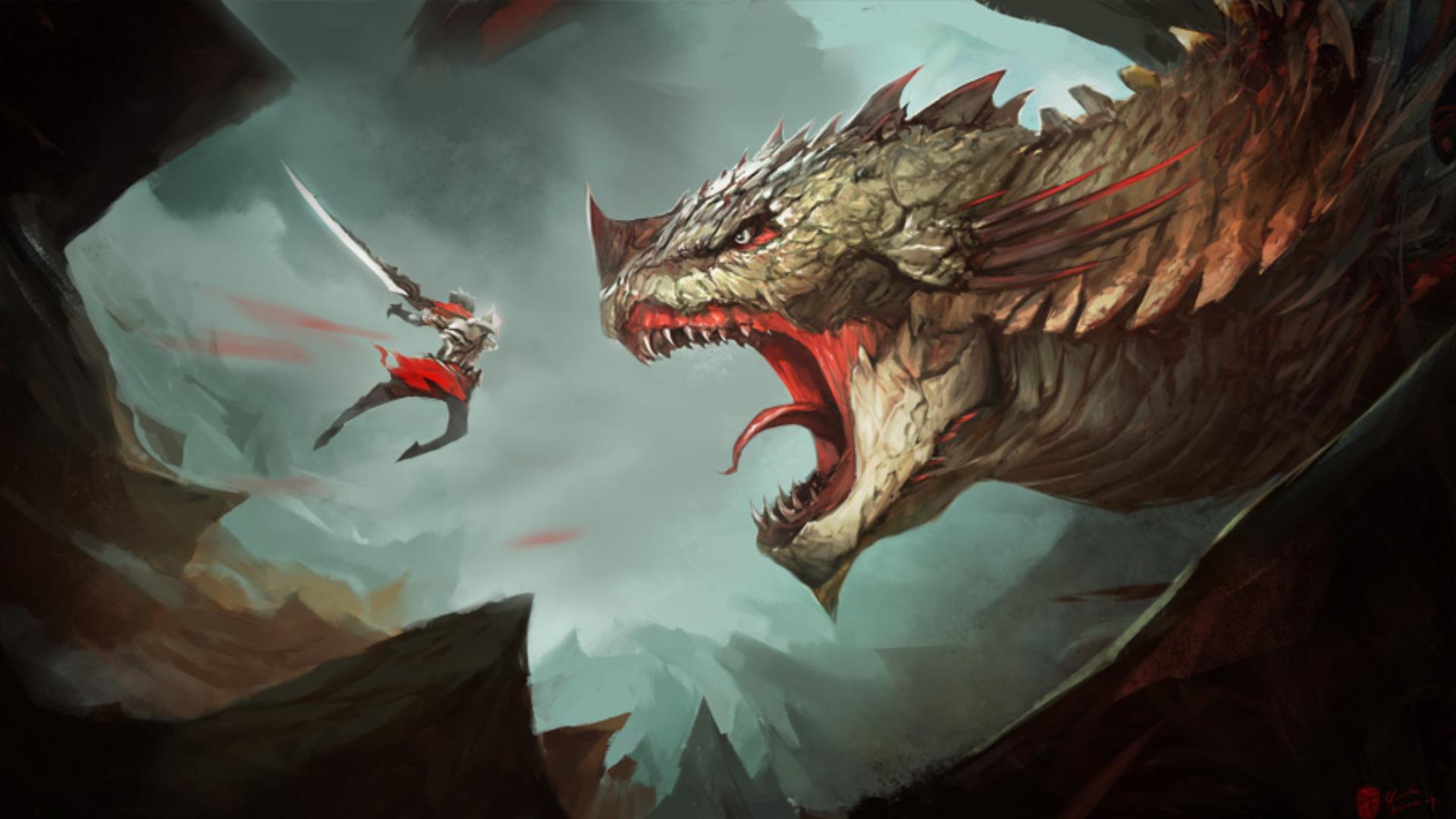 warrior, Dragon, Digital art Wallpaper
