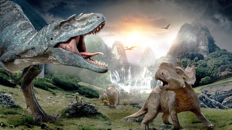 nature, Animals, Dinosaurs, Prehistoric, Tyrannosaurus rex, Birds, Digital art, Landscape, Sun, Mountains, Rock, Waterfall, Roar HD Wallpaper Desktop Background
