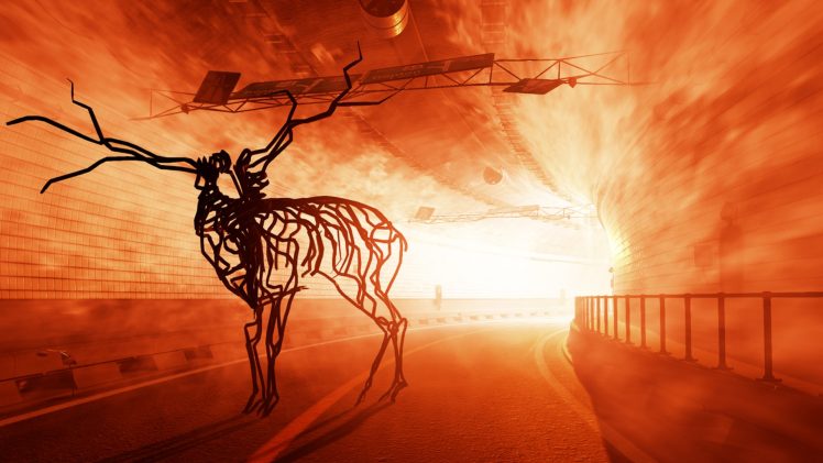 animals, Digital art, Skeleton, Wires, Tunnel, Deer, Lights, Road, Road sign HD Wallpaper Desktop Background