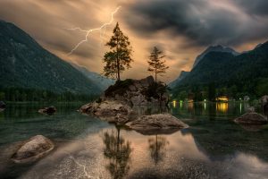 trees, Water, Clouds, Lightning, Nature, Forest, Slovenia