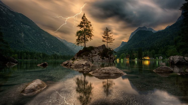 trees, Water, Clouds, Lightning, Nature, Forest, Slovenia HD Wallpaper Desktop Background