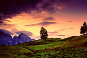 landscape, Mountains, Green, Grass, Hills, Trees, Sky, Clouds, Purple, Storm, Stone