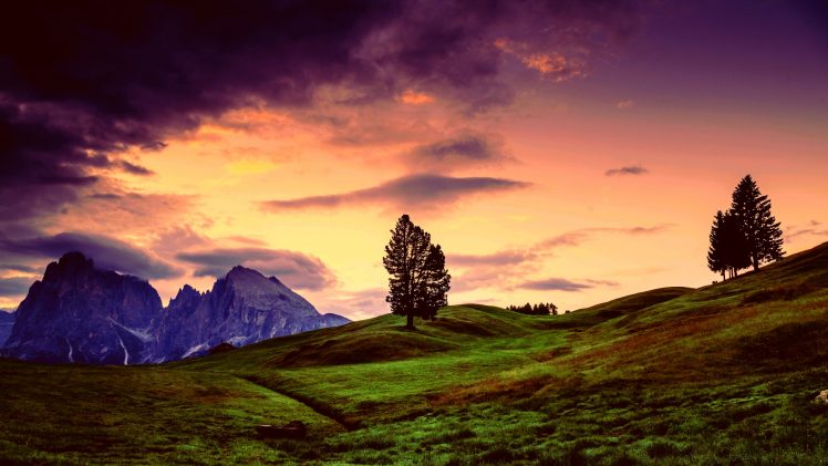 landscape, Mountains, Green, Grass, Hills, Trees, Sky, Clouds, Purple, Storm, Stone HD Wallpaper Desktop Background
