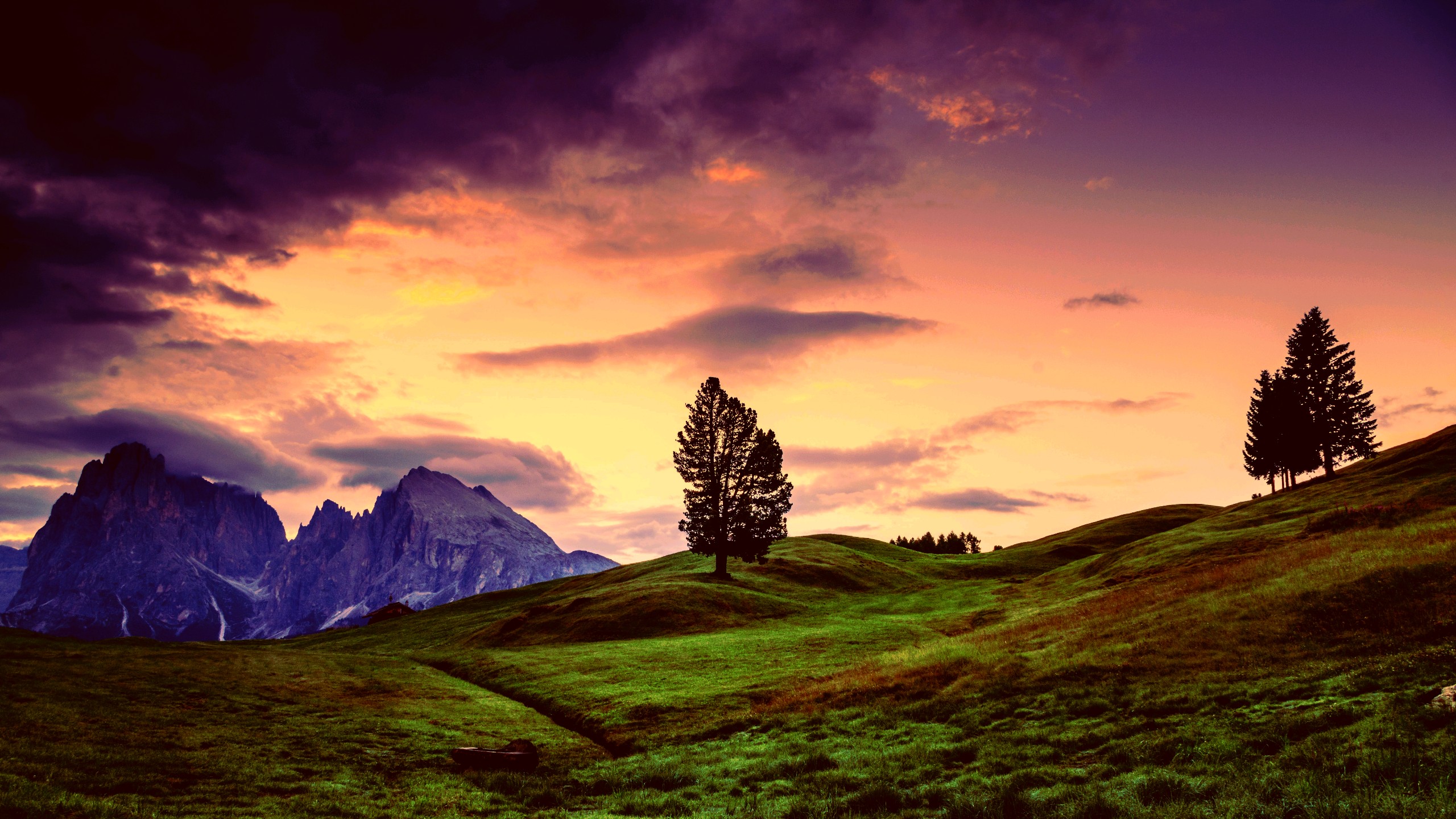 landscape, Mountains, Green, Grass, Hills, Trees, Sky, Clouds, Purple, Storm, Stone Wallpaper