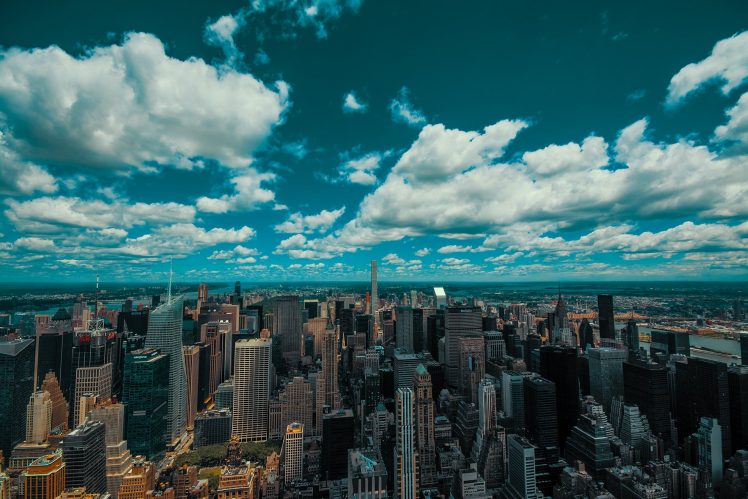 New York City, Empire State Building, USA, Horizon, Blue, Sky, Skyscraper, Hudson River, Clouds HD Wallpaper Desktop Background