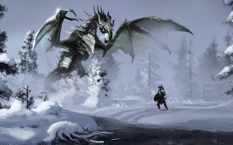 knight, The Elder Scrolls V: Skyrim, The Elder Scrolls, Video games, Artwork, Fantasy art, Dragon, Snow HD Wallpaper Desktop Background
