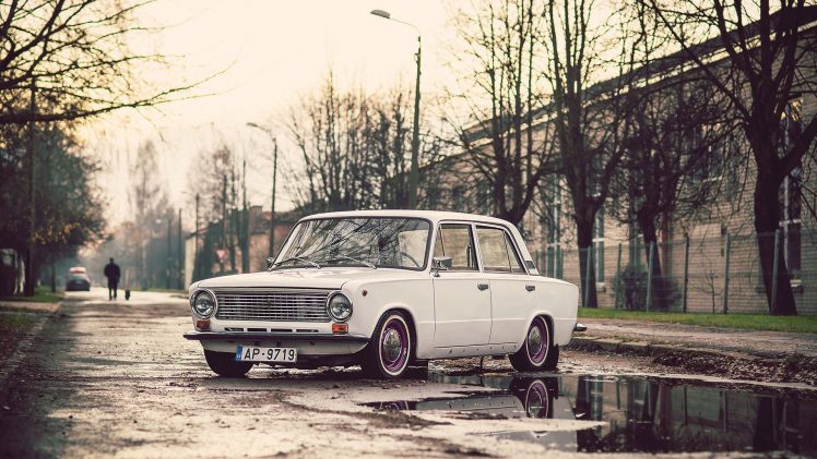 vehicle, Car, LADA, Russian cars, Street, Trees, Water, Urban, Riga, Latvia, Russian garbage HD Wallpaper Desktop Background