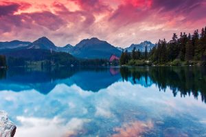 nature, Landscape, Mountains, Tatra Mountains, Slovakia, Snowy peak, Pine trees, Forest, Rock, Lake, Water, Hotel, Sunset, Clouds, Reflection, Trees, SkiJump