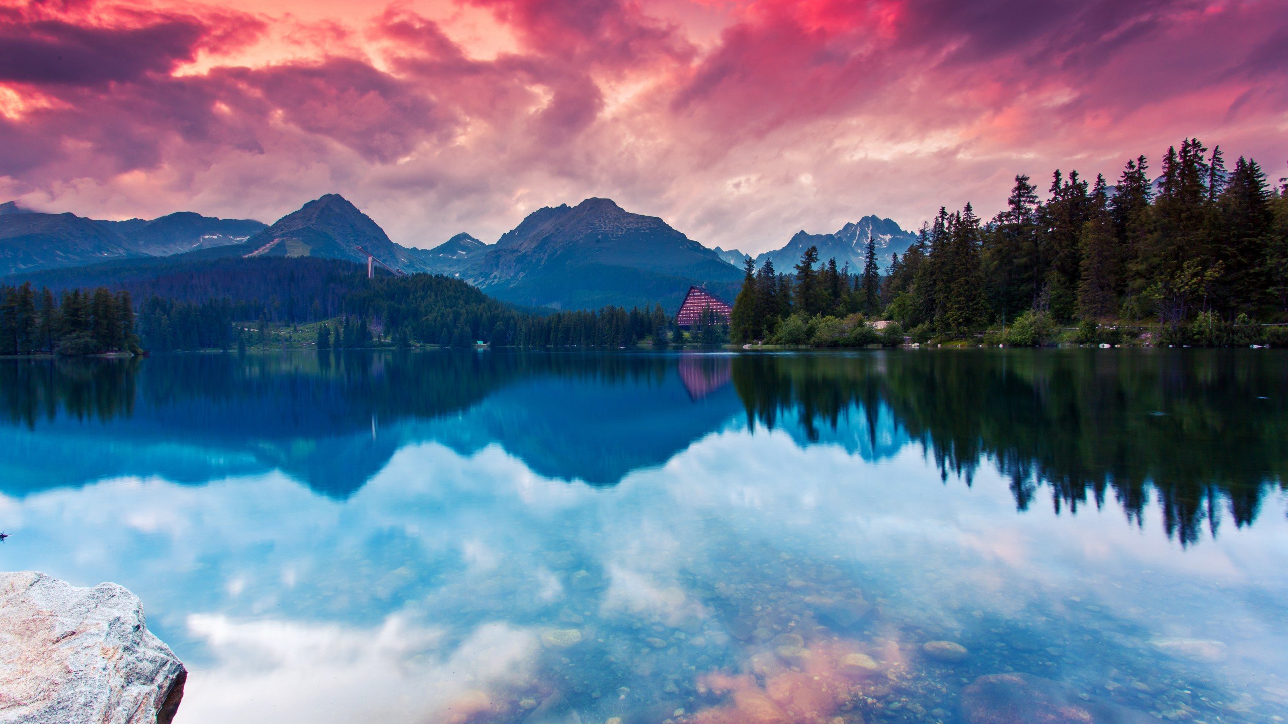 nature, Landscape, Mountains, Tatra Mountains, Slovakia, Snowy peak, Pine trees, Forest, Rock, Lake, Water, Hotel, Sunset, Clouds, Reflection, Trees, SkiJump Wallpaper