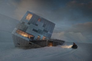 nature, Landscape, Mountains, Tatra Mountains, Slovakia, Winter, Snow, House, Modern, Architecture, Building, Lights, Clouds, Storm, Cube, Snowmobile