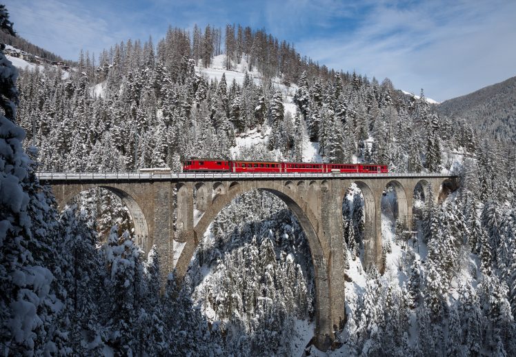 train, Winter, Wiesen Viaduct, Switzerland HD Wallpaper Desktop Background